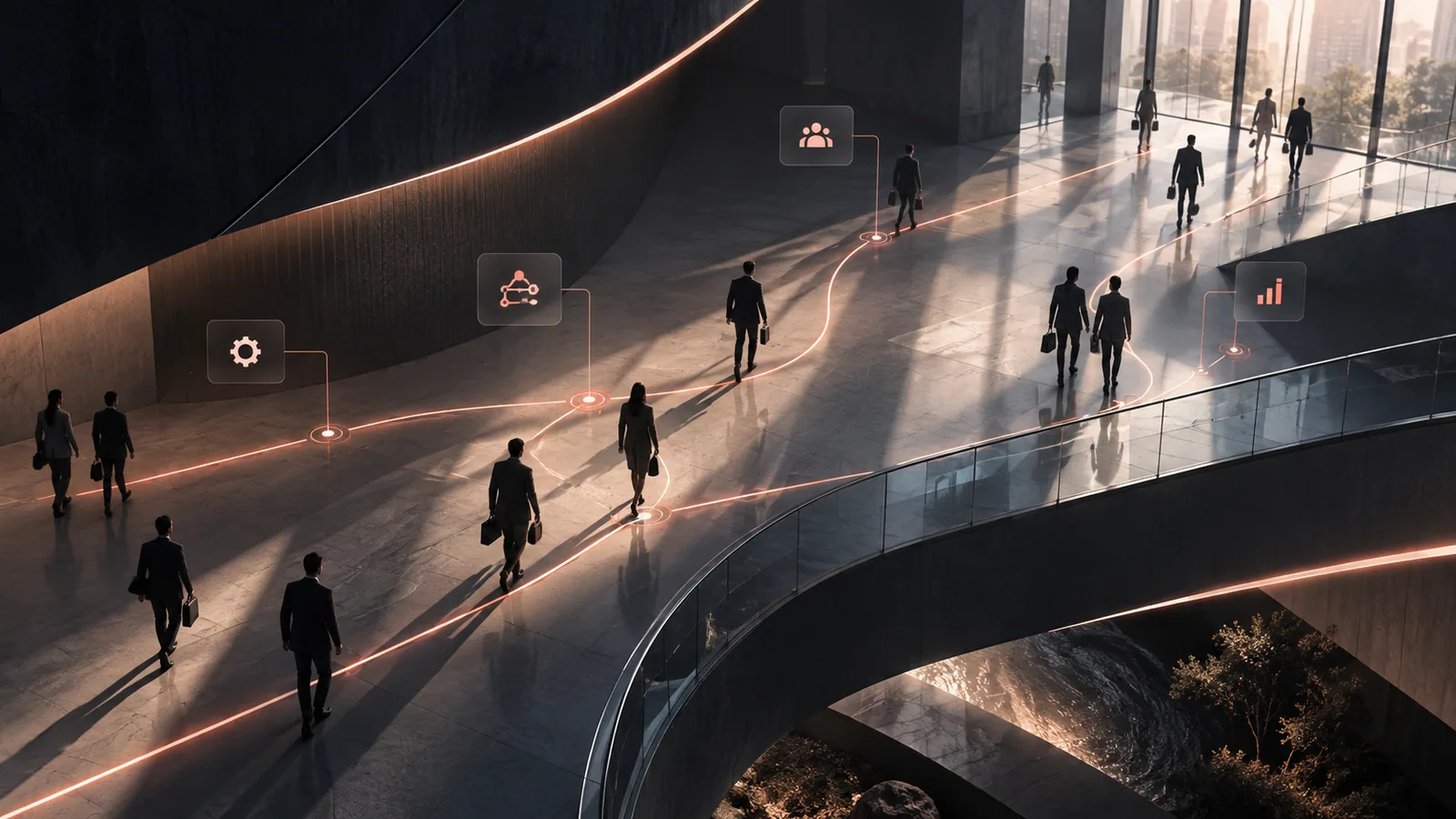Illustrative walkway with people and connected operational steps