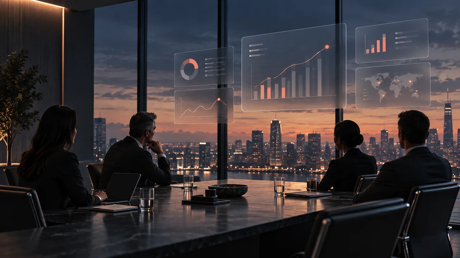 Illustrative executive team viewing analytical displays in a meeting room