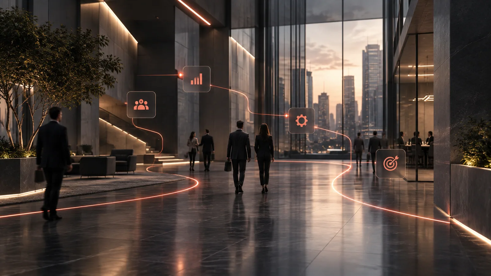 Illustrative path connecting people, process, and technology in an office