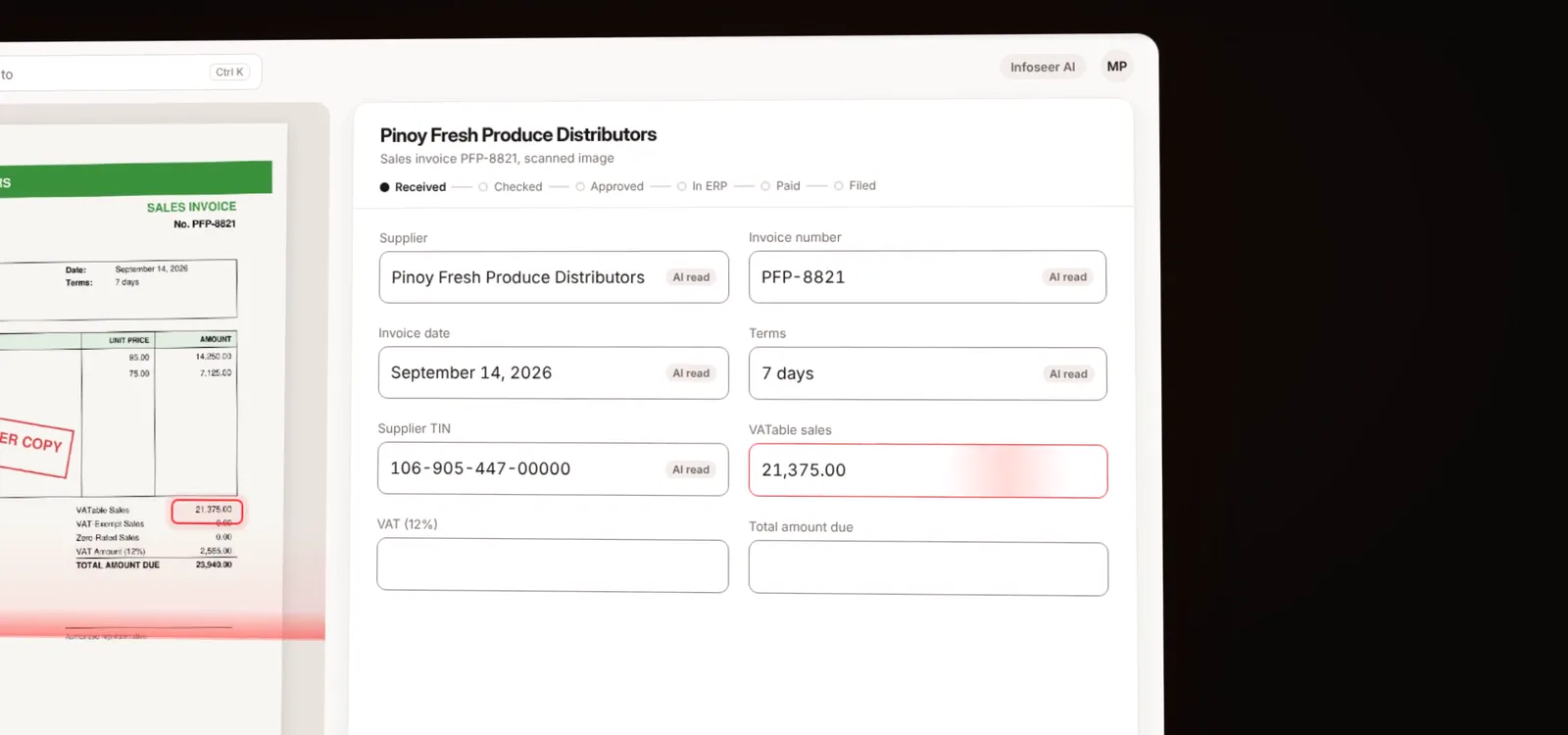 A scanned supplier invoice beside the values UBP for Accounting read from it: supplier, invoice number, date, terms, TIN, VATable sales, VAT, and total
