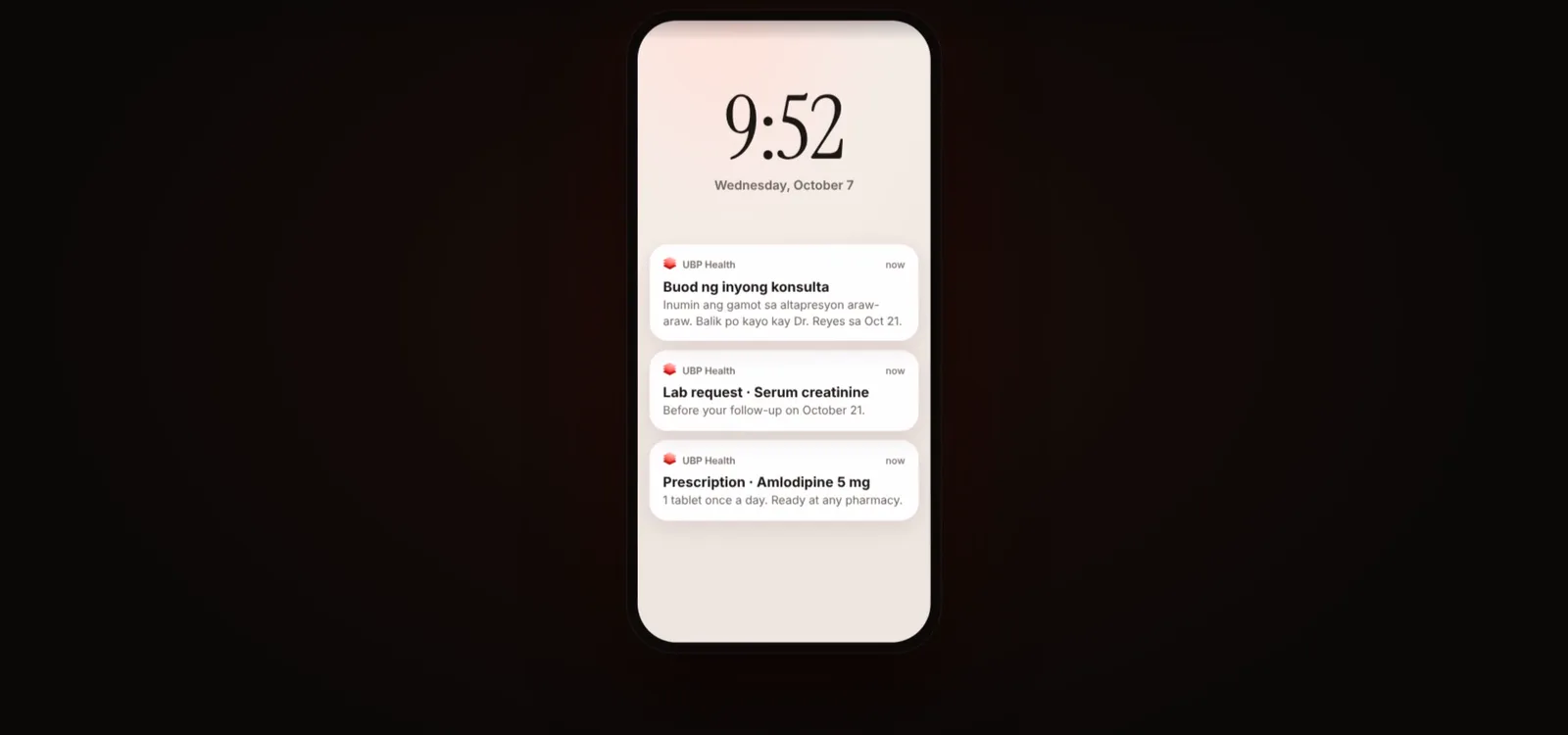 A patient's phone showing her visit summary in Filipino, a lab request, and a prescription